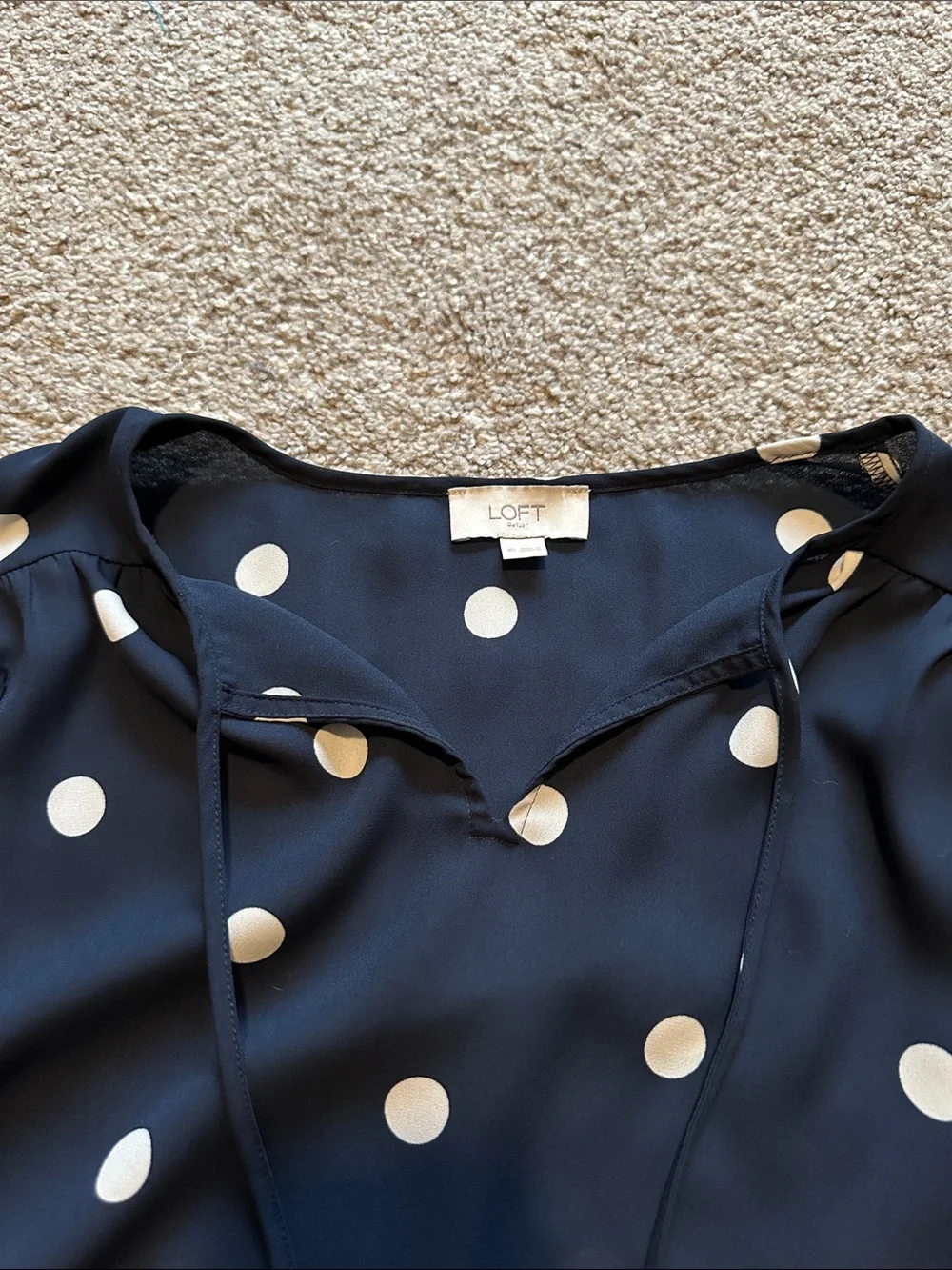 LOFT Navy and White Polka Dot Tie-Neck Blouse